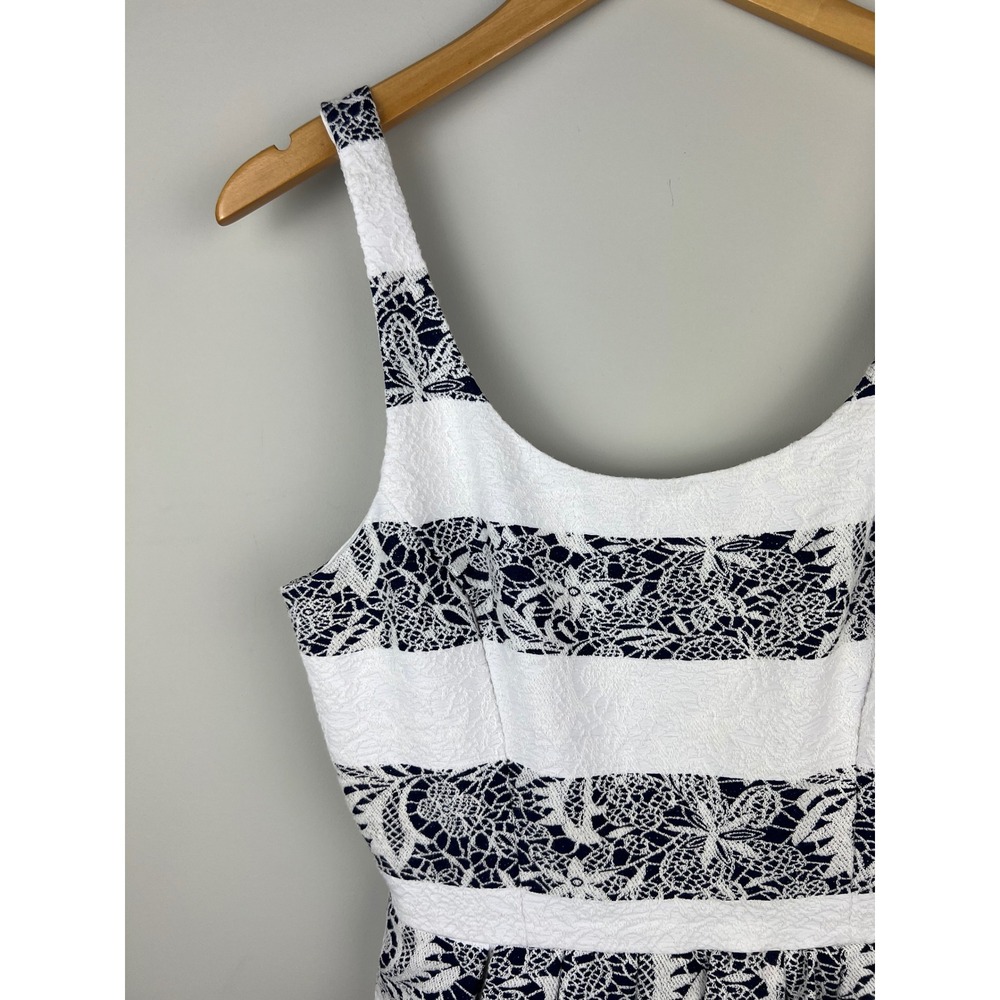 Nautical Navy Blue White Floral Lace‎ Striped Fit Flare Dress size Meduim - Picture 4 of 10